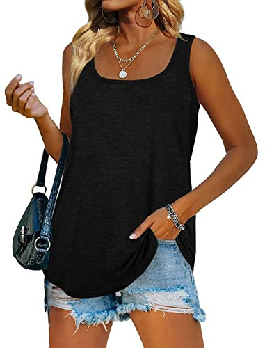 iChunhua Summer Long Vest Tank Tops for Women Square Neck Sleeveless T Shirt Black X-Large