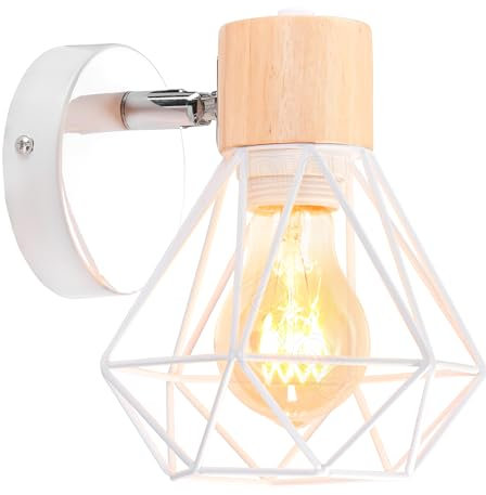 iDEGU Applique Murale Industrielle Design Cage en Métal Lampe Murale Bois Décoration Ajustable Vintage Luminaire Interieur pour Chambre Couloir Salon, 16CM (Style-B Blanc 1Pack)