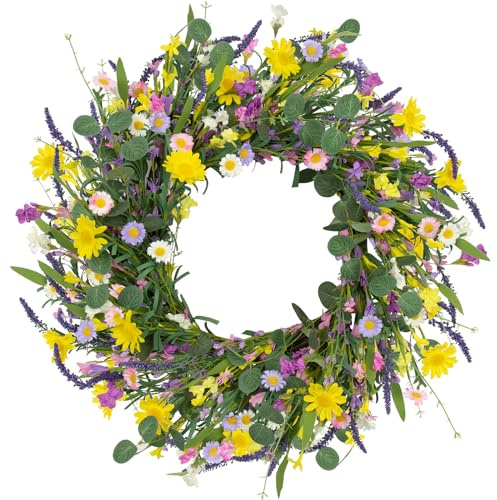 LLZLL Spring Decorations for Home 22 Spring Wreath Artificial Summer Wreaths with Eucalyptus Leaf Lavender and Daisy for Easter Indoor Outdoor Home Festival Celebrations