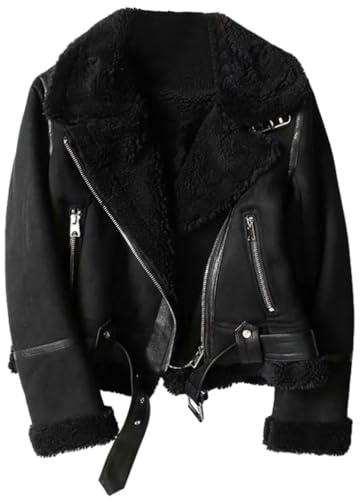 PengGengA Giacca Corta da Donna in Faux Suede Caldo Fleece Giacca da Moto Cappotto invernale foderato in pile Faux - Nero, S