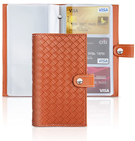 Czzmy Business Card Organizer,Business Card Holder Book Case PU Leather Organization Binder Name ID Card Holder for Men & Women, Up to 96 Cards Capacity(1-Weave-Brown)