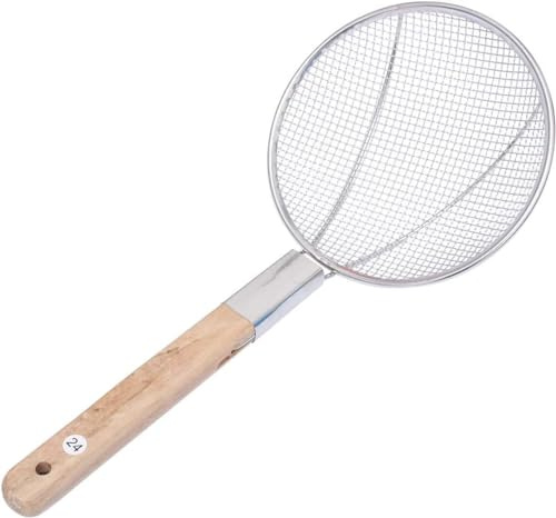 PEBBLE HUG Skimmer Strainer Spoon, Fine Mesh, Frying Strainer, Boiling Noodles, Dumplings, Pasta, Handle for Kitchen Frying Food, Skimmer Spoon, Filtering, Strainer, Skimming, Wooden Handle, (16cm)