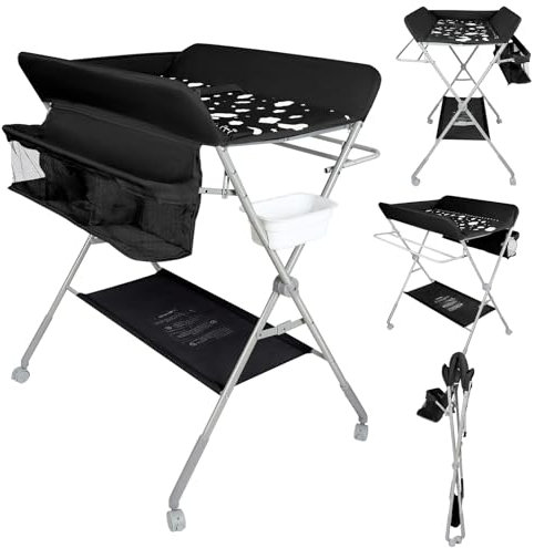 Baby Klappbarer Wickeltisch，Mobiler Wickeltisch mit Rollen und Wickelauflage,Wasserdicht und Höhenverstellbar，Baby Wickelkombi mit Ablagefächern-80 * 58 * 90 cm-schwarz