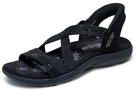 Skechers Women's REGGAE SLIM - SUMMER SPARKLE, Hands Free Slip-Ins Jeweled Stretch Knit Sandal, Black/Black, 9M
