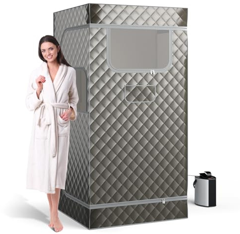 COSTWAY Ångbastu för hemmet, helkroppsbastubastu med 3 liters ånggenerator, fjärrkontroll, fotmassageapparat och fällstol, bärbart bastutält 91 x 91 x 183 cm (grå)