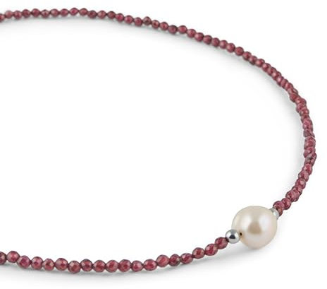 Kasias Perlenkette Damen - Edelstein Kette Damen Rot - Umfang: 40cm - 3mm Granat Steine mit Süßwasserperle - Granat Kette - Edelstein Schmuck - Echte Perlen - Kette mit Perlen