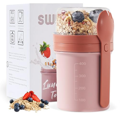 Swkien Gobelet à Emporter Muesli 450 ml + 250 ml - Pot Yaourt avec Cuillère pour Céréales - Anti-fuite - Pot à Déjeuner (Violet Vif)