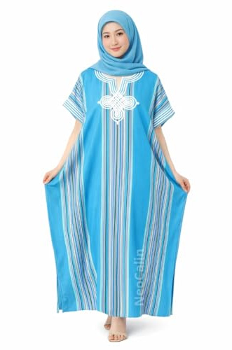 Gandoura Caftan Femme en Coton de Qualité Supérieure - Style Marrakech Bohème, Taille Standard (FR/ES, Alpha/Lettres, Taille Unique, Taille Normale, Taille Normale, Bleu Ciel)