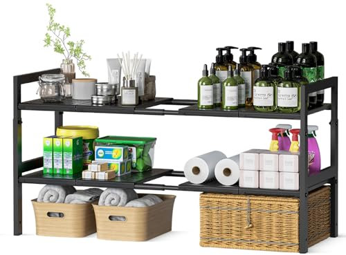 Under Sink Storage 42cm-78cm Expandable Length, Adjustable Height 2-Tier Under Sink Kitchen Organizer with 8 Removable ABS Panels & Metal Frame, Cabinet Shelf for Bathroom, Cupboard, Shoe Storage Rack