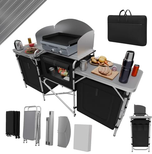 24MOVE® Campingküche Campo faltbar, Alu Reiseküche mit Arbeitsplatte und Staufächern, Outdoor Camping inkl. Windschutz und Tragetasche
