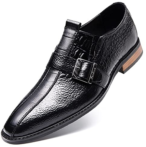 Zapatos Formales for Hombre, sin Cordones, con Hebilla, Estampado de cocodrilo, Punta Cuadrada bruñida, Suela de Goma de Cuero, tacón de Bloque, Antideslizantes, caña Baja, for Trabajar(Negro,43 EU)