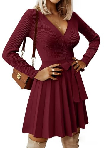heekpek Abito Elegante Donna Invernale Scollo a V Vestito Donna Maniche Lunghe Abito di Maglia Sexy Abiti Linea A Vita Alta Mini Vestito con Cintura, Borgogna, L