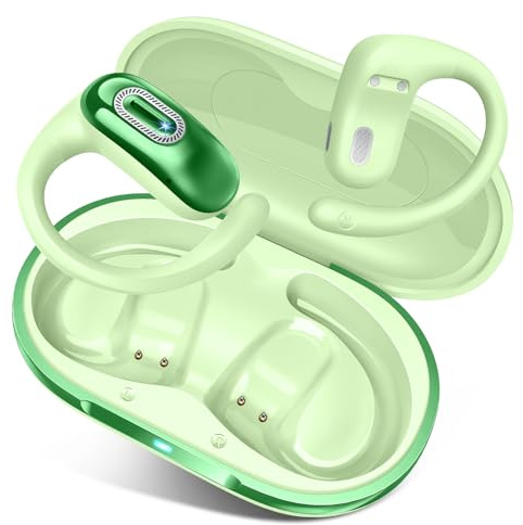 Qecnato Hörlurar med öppen öra, trådlösa öronsnäckor Bluetooth 5.4 med öronkrokar, HiFi-ljud brusreducering, touch-kontroll, IP7 vattentäta sporthörlurar för löpning, fitness, grön