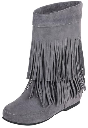 Stivali da cowboy da donna per autunno e inverno, stivaletti da donna in pelle scamosciata, con frange, grigio., 38 EU