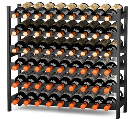 Wine Rack Freestanding Floor, Bamboo 6-Tier 51 Wine Bottle Holder Racks Countertop Cabinet Display, Wooden Stackable Modular Wine Storage Organizer Shelves for Kitchen Bar Cellar Dining Room Black