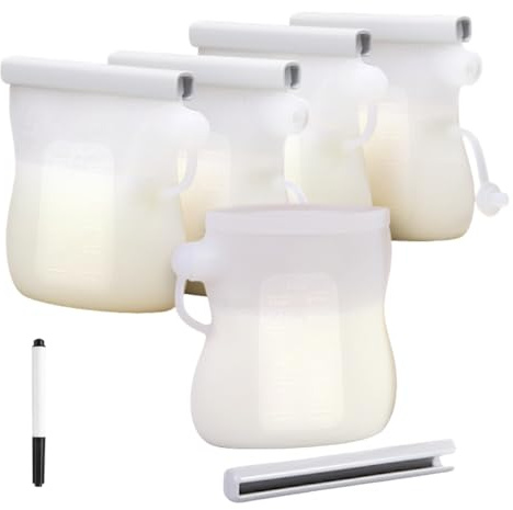 Silicone Lot de 5 Sachet Conservation Lait Maternel, 250 ML, Réutilisables, Sans BPA. Fermeture à BEC Verseur + Stylo Effaçable. Sac Congelation Lait Maternel, Sac à Lait pour Allaitement Bébé, ECO
