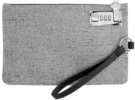 PWGHWG Geldbeutel mit Schloss, Geldtaschen Banktasche mit Reißverschluss, 25 × 16,5 cm Geldtasche mit Zahlenschloss, Geldmappe mit Handschlaufe, Grau