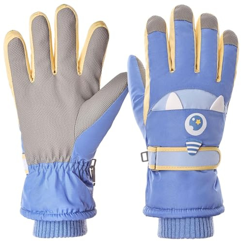 Muorruo Gants de ski à écran tactile pour enfants, gants d'hiver imperméables avec grip, design monstre, clip anti-perte pour garçons et filles, gants d'hiver pour snowboard, bleu
