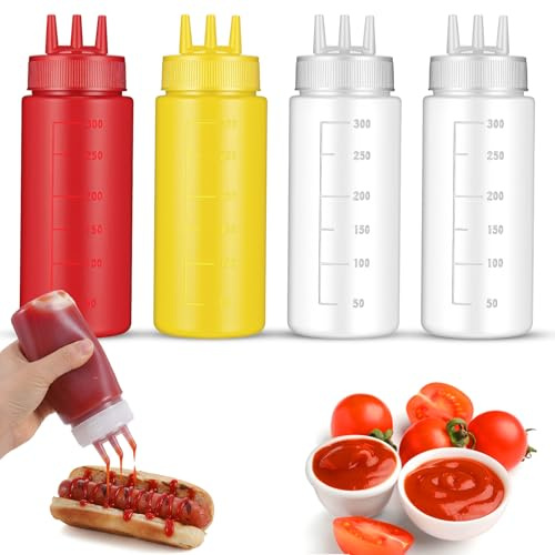Grevosea 4 bottiglie per condimenti da spremere per salse, 300 ml, 3 fori, per ketchup, in plastica, per salse, ketchup, sciroppo, senape, barbecue, per cucina, arti e mestieri