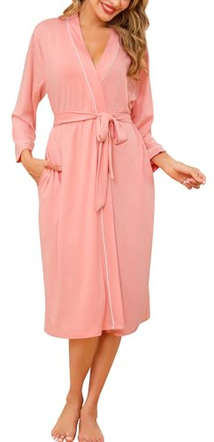Wikoan Dammorgonrock, lätt kimono-rock v-ringad lång badrock för myskläder nattkläder amning graviditet med fickor, Räkor röd, XL