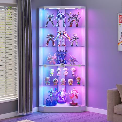 Gurexl 175 CM Vetrina Angolare In Vetro con Illuminazione Dinamica,Vetrina Verticale con Serratura,Vetrinetta Soggiorno con Sensore Di Movimento per Collezione,Soggiorno,Ornamenti,Bianco