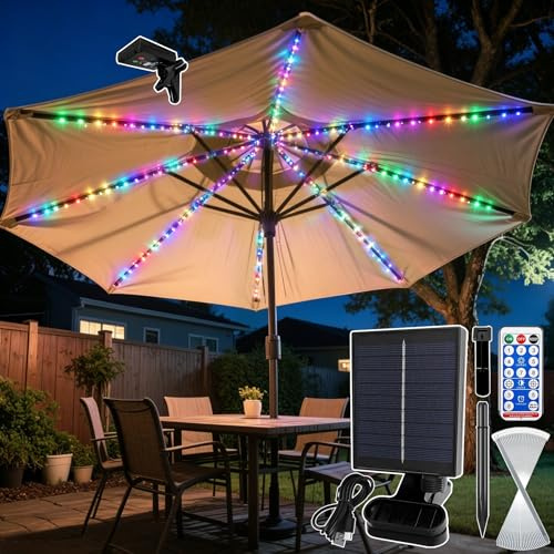 VEEKAY Lámpara Solar para Sombrilla,104 LEDs Luz Solar Sombrilla,Luces de Sombrilla de Patio con 8 Modos,Control Remoto,IP67 Luces Solares Impermeables,para Patio,Camping,Tiendas de Campaña