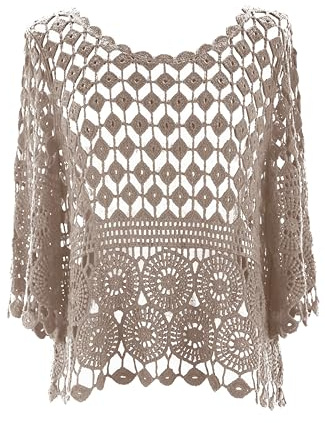 Ladies Women Lagenlook Plain Short Sleeve Crochet Top Blouse Vest One Size (UK, Alpha, One Size, Regular, Regular, Mocha)
