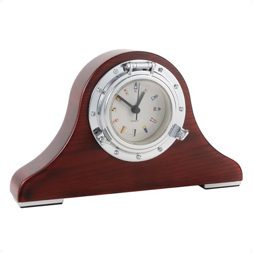 Five Oceans Porthole Collection Desk Nautical Tambour Clock - Hardwood Mahogany Finish Captain Clock - FO3963