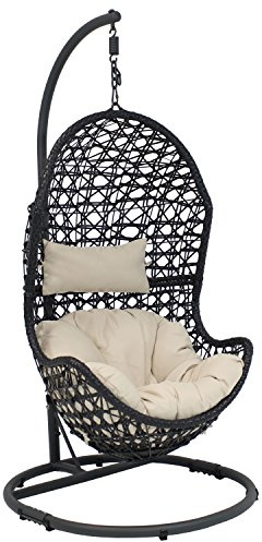 Sunnydaze Cordelia Hanging Egg Chair with Stand - Ratan Swing Hammock Chair with Cushion - Swing Chair for Patio, Indoors, Backyard - Beige Cushions