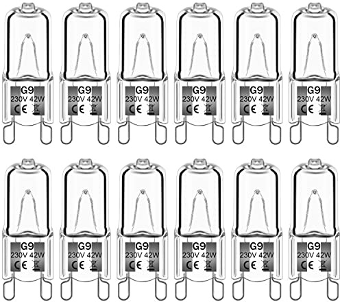 Haraqi 12 Pack G9 Halogen Bulbs 42W 230V 2800K Warm White 530lm,Clear Capsule Halogen Lamps Dimmable, No Strobe, No Flicker