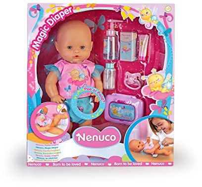Nenuco - Pañal mágico, muñeco de Cuerpo Duro de 35 cm, Interactivo Que se Ilumina para los cuidados del bebé, con Accesorios como toallitas y Chupete, Juguete +2 años, Famosa (700017205)