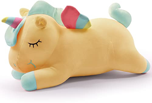 SNOWOLF Unicorno di peluche a forma di unicorno, simpatico e morbido cuscino con ali dell'arcobaleno, giocattolo Kawaii per bambini e ragazze (Yellow, 50 cm)