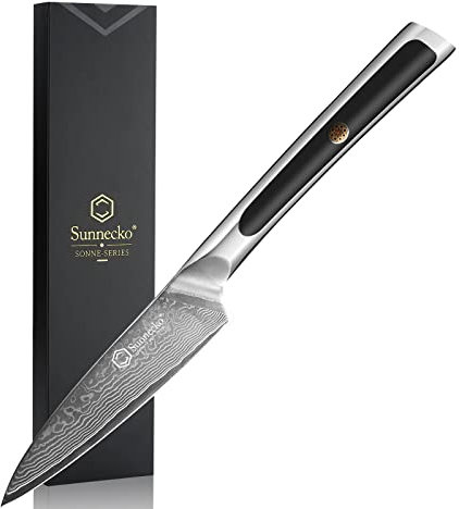 Sunnecko Damascus Paring Knife 3.5 Inch, Fruit Knife with 67-Layers Damascus Steel VG-10 Blade, Peeling Knife with Inlaid Handle Small Kitchen Knives for Cutting Fruit