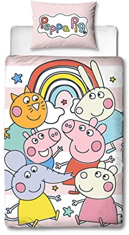 Character World Peppa Pig and Friends Official Single Bed Duvet Cover Set | Colourful Playful Design Reversible 2 Sided Bedding Including Matching Pillow Case | Polycotton