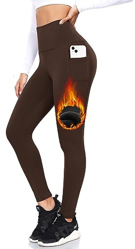 ACTINPUT Thermo Leggings Damen Gefütterte Thermoleggins High Waist Thermohose Winter Warme Sportleggins Strumpfhosen Yogahose Laufhose Sporthose mit Taschen(Braun,L-XL)