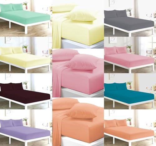 KARKARM Non Iron 4 Piece Bed Sheets Set – Flat Sheet + Fitted Sheet + 2 Pillowcases – Double Sheet Set – Soft and Comfortable Poly Cotton Percale – Plain Bedsheet Sets (Lemon)