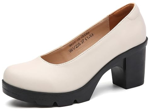 DADAWEN Women's Slip On Closed Toe Pumps Block Heel Dress Court Shoes Beige 1 UK