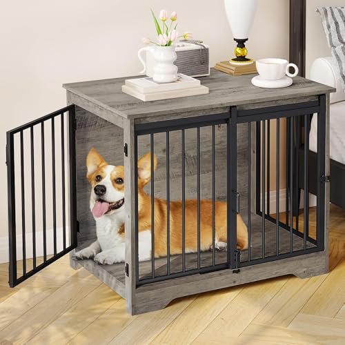 Hzuaneri 81cm Cage pour Chiens, Table d’Appoint, Niche Moderne pour Chiens, Cage pour Chiots, Maisonnette pour Animaux, 2 Portes, 81 x 55 x 67,5 cm, Ivoire Clair DFC83605B