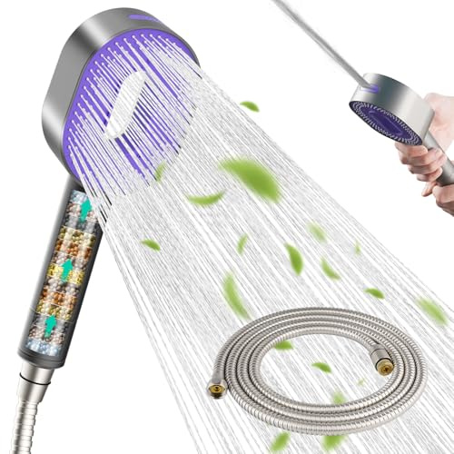 Hibbent Wasserfilter Duschkopf mit 20 Stufen Filter, 3 Sprühstrahl Modi Hochdruck-Duschkopf und 1,5m Schlauch, Handheld-Massage-Dusche Filter für Restchlor Entfernen,Violettes Paneel