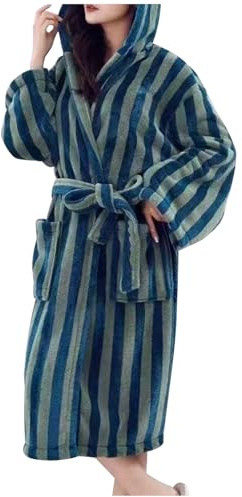 RIKAY Towelling Bath Robes for Women Striped Bathrobe Hooded Neck Sleepwear Robe Long Belt Ngihtgown Pockets Sleepwear Long Sleves Verknee Pajamas Loose Warm Thickened Long Velvet Bathrobe Home