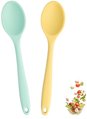 2 Pcs Small Silicone Spoons,8 Inch Mini Mixing Spoons for cooking,Heat Resistant for Kitchen Cooking Baking Stirring Mixing Tools (Yellow Green)