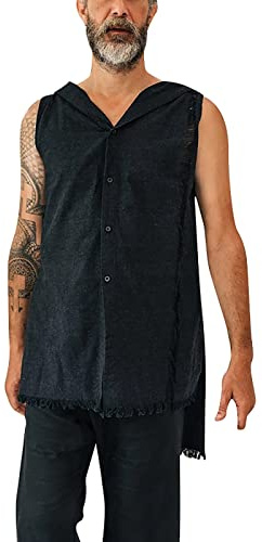 Chaleco de lino con capucha para hombre, sin mangas, para verano, playa, casual, ajuste regular, irregular, traje para hombre, Negro, S