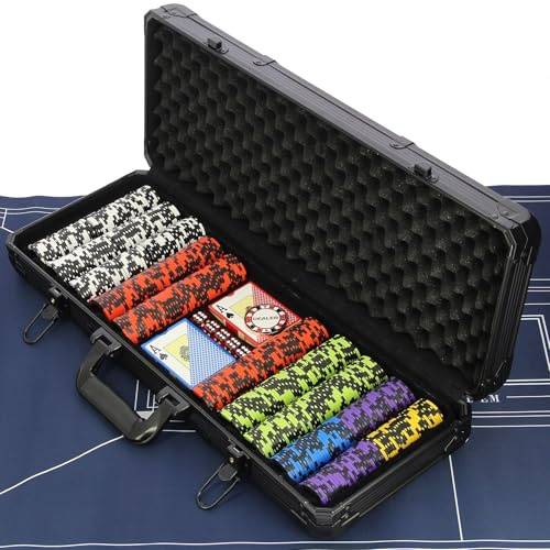 Casino Poker Set Texas Hold'em Game 11.5g Profesional Chips Deck Cards & Dice in Aluminium Case 100/300/500pc Complete (500pc Deluxe)