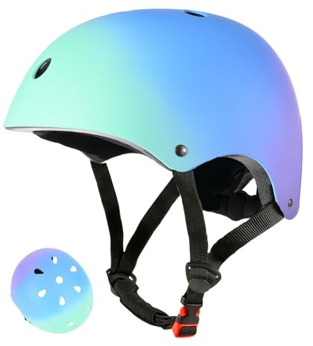 LOKJIJI Casco de Bicicleta Ajustable para niñas y niños, Cascos Infantiles de protección con degradación de Colores para Multideporte Ciclismo Patines Patinete Patinaje (Verde Azul, M)