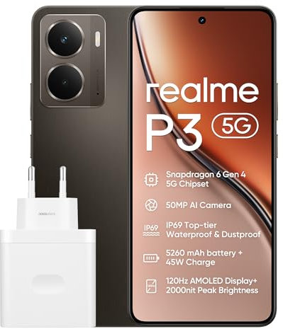 realme P3 5G Smartphone 8+256 GB, Processore Snapdragon 6 Gen 4 5G, Batteria titanica da 5260mAh,Ricarica rapida da 45W, AMOLED da 120 Hz, Luminosità di picco a 2.000 nit, IP69, Grey