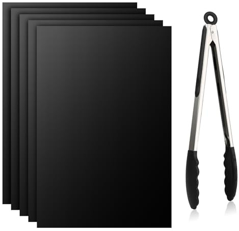 Bigqin 5 Pezzi BBQ Griglia Tappetini 40x30 cm con Clip da 9 Pollici,Tappetini Per Griglia In Teflon Antiaderente Per Barbecue Elettrico A Gas A Carbonella,Riutilizzabile e Facile Da Pulire.
