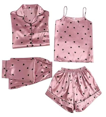 Satin pyjamas dam 4-delat set – pyjamas dam satin set kort lång hemmadräkt med skrift fram vardagskläder axelbandströja pyjamasbyxor mysiga pyjamasbyxor lätt nattlinne/sidennattskjorta