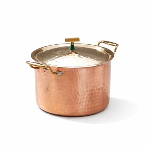 P-TAL Pentola da cucina in rame, 1,5 l, con coperchio in ottone, 100% puro rame, finitura dorata martellata, 5QT