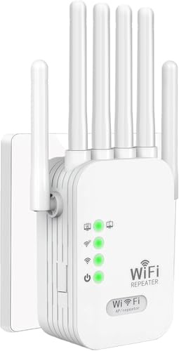Repetidor/Extensor WiFi Largo Alcance, 6 Antenas, 2 Puertos Ethernet, Modos (Repetidor, Puente, Punto de Acceso), Amplificador WiFi, Cobertura hasta 3000 pies², Elimina Zonas muertas en el hogar.
