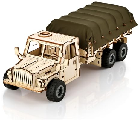 Cuteefun Modello Auto in Legno, Puzzle 3D Meccanico, Funzione a Strappo, Lavorazione Artigianale & Arredamento da Scrivania, Regalo per Adulti Adolescenti & Appassionati di Auto (Camion Militare)